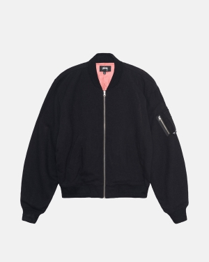 Stussy Linen Beach Bomber Takit Mustat | ROVPCK-642